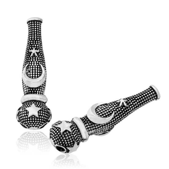 Silver Dot Embroidered Crescent Star Motif Prayer Beads