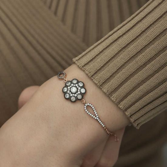 Silver Rose Flower Patterned Diamond Mounted Bracelet
