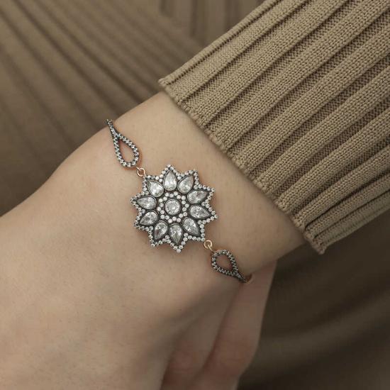 Silver Rose Flower Patterned Diamond Mounted Bracelet