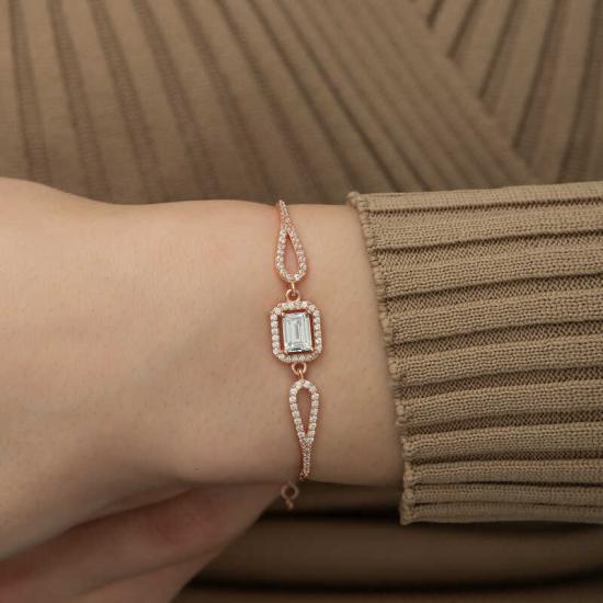 Silver Rose Rectangular Baguette Bracelet