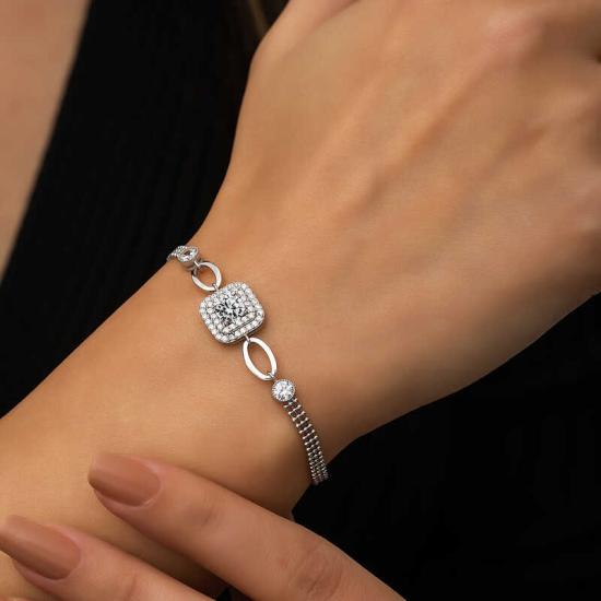 Silver Square Mount White Stone Bracelet