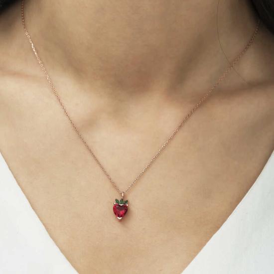 Silver Rose Strawberry Figurine Fruit Necklace