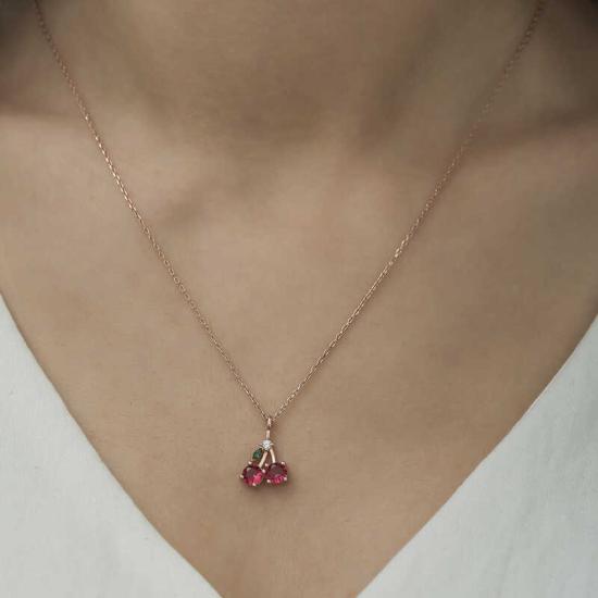 Silver Rose Cherry Figurine Fruit Necklace