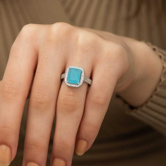 Silver Turquoise Baguette Square Women’s Ring