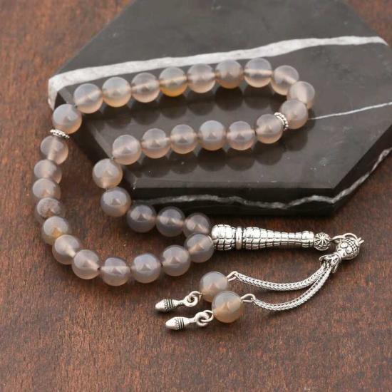 Natural Stone Metal Tasseled Water Agate Prayer Beads