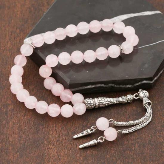 Natural Stone Metal Tasseled Rose Quartz Stone Prayer Beads