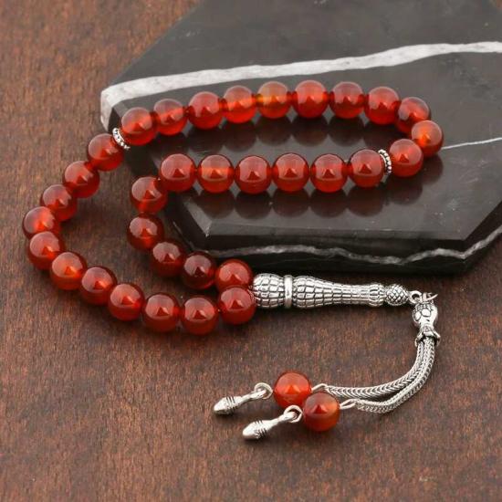 Natural Stone Metal Tassel Burgundy Agate Stone Prayer Beads