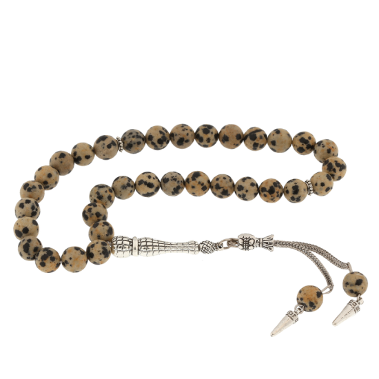 Dalmatian Jasper Stone Prayer Beads with Natural Stone Metal Tassels