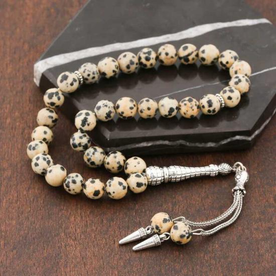 Dalmatian Jasper Stone Prayer Beads with Natural Stone Metal Tassels
