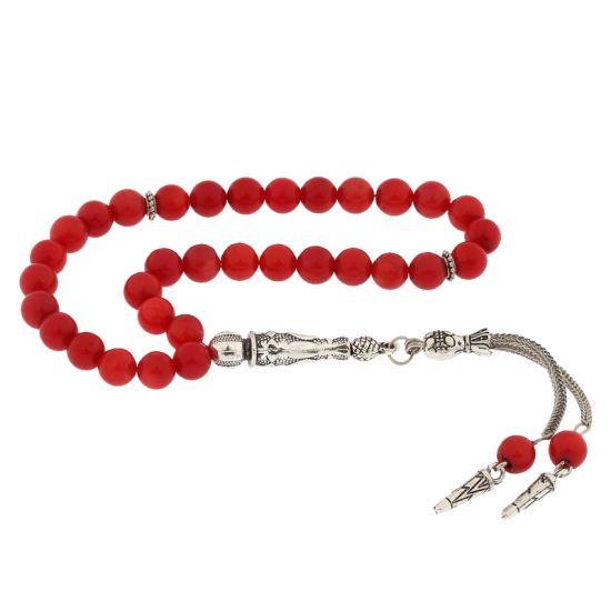 Coral Stone Prayer Beads with Natural Stone Metal Tassels