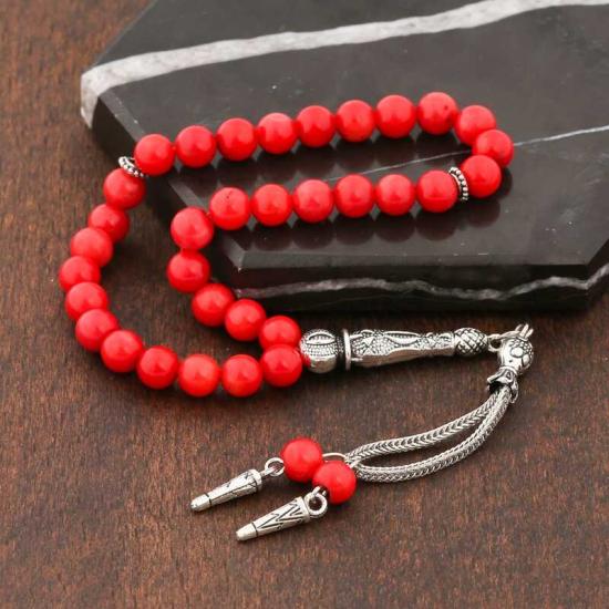 Coral Stone Prayer Beads with Natural Stone Metal Tassels