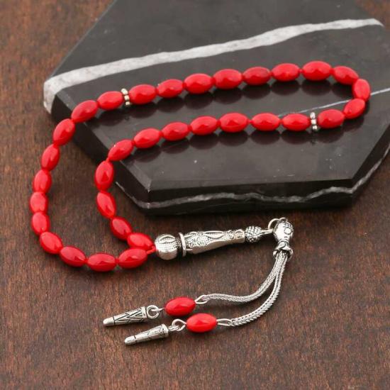 Coral Stone Prayer Beads with Natural Stone Metal Tassels