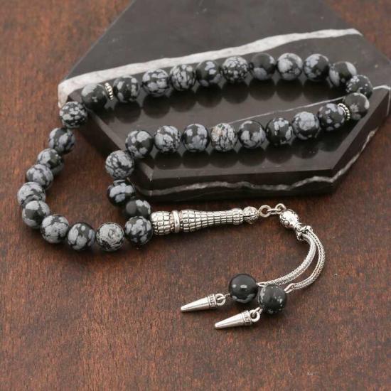 Obsidian Stone Prayer Beads with Natural Stone Metal Tassels