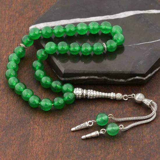 Green Jade Prayer Beads with Natural Stone Metal Tassels