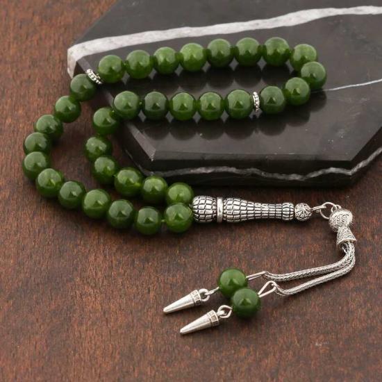 Green Jade Prayer Beads with Natural Stone Metal Tassels