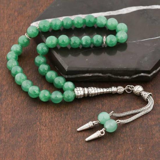 Green Jade Prayer Beads with Natural Stone Metal Tassels