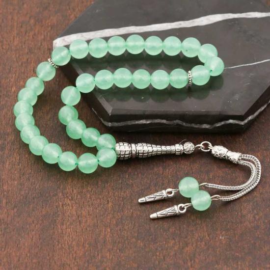 Natural Stone Jade Prayer Beads with Metal Tassels
