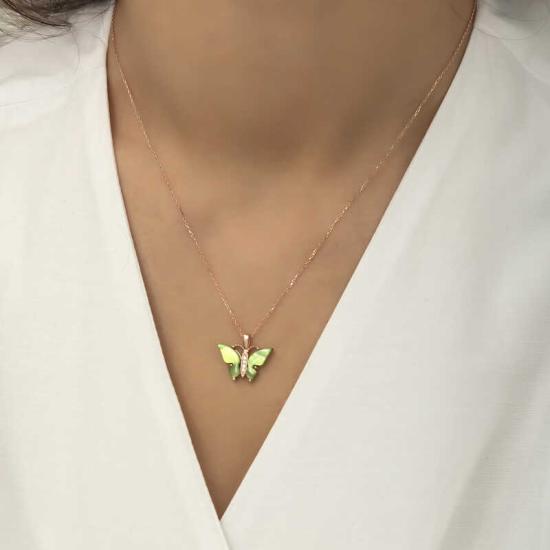 Silver Rose Green Tiger’s Eye Stone Butterfly Necklace