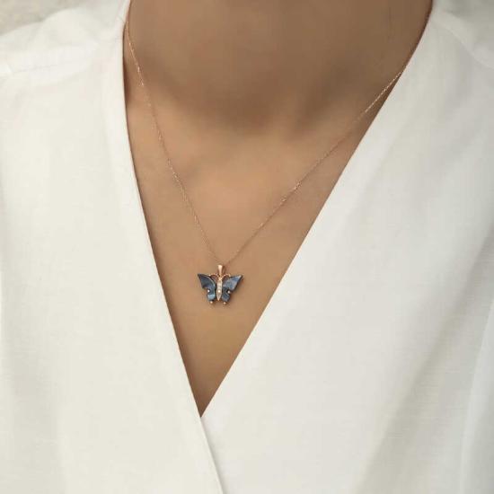 Silver Rose Anthracite Tiger’s Eye Stone Butterfly Necklace
