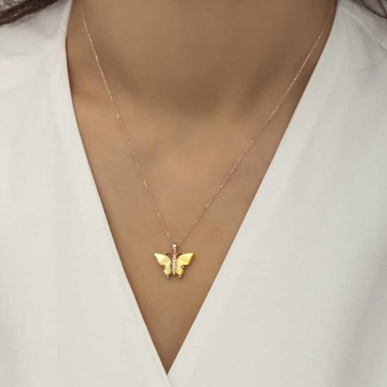 Silver Rose Yellow Tiger’s Eye Stone Butterfly Necklace