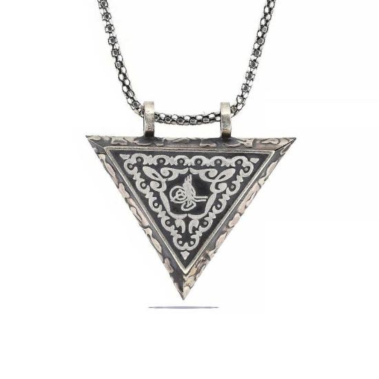 Silver Triangle Openable Tughra Amulet Necklace
