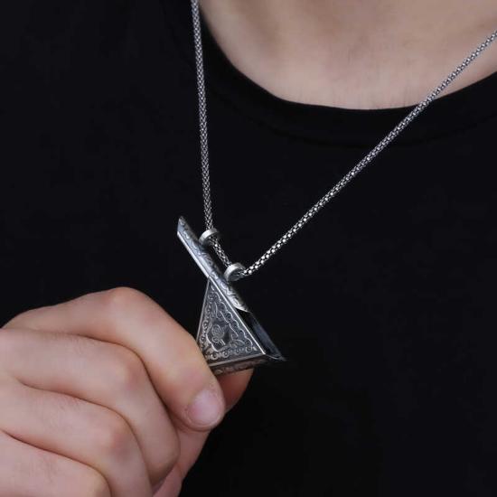Silver Triangle Openable Tughra Amulet Necklace