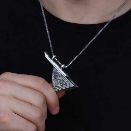 Silver Triangle Openable Tughra Amulet Necklace