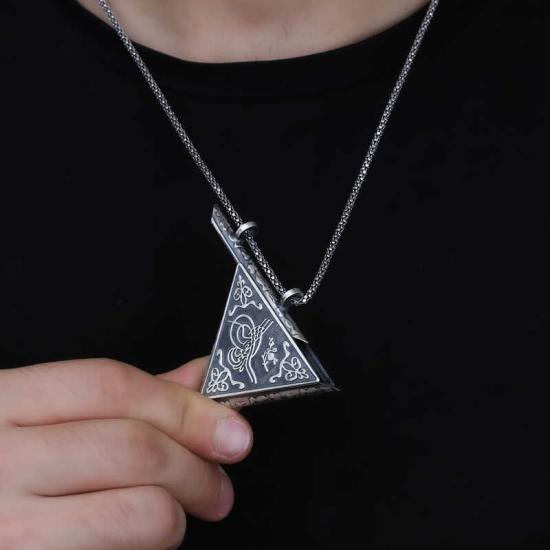 Silver Triangle Openable Tughra Amulet Necklace