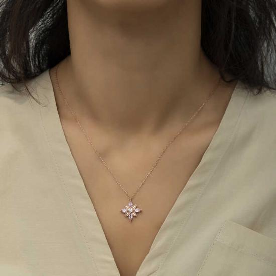 Silver Rose Pink Stone Hope Flower Necklace