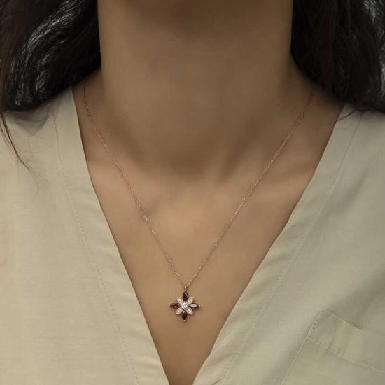 Silver Rose Red Stone Hope Flower Necklace