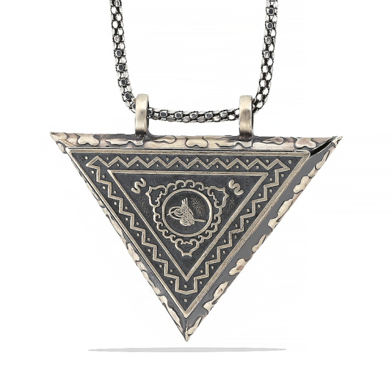 Silver Triangle Openable Tughra Amulet Necklace