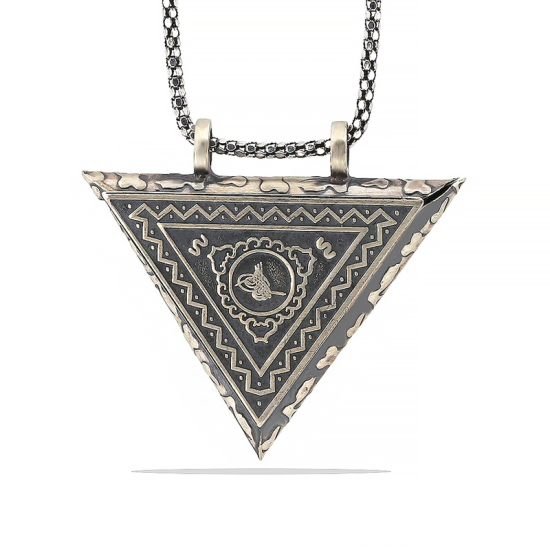Silver Triangle Openable Tughra Amulet Necklace