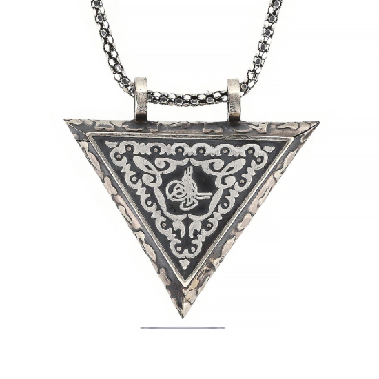 Silver Triangle Openable Tughra Amulet Necklace