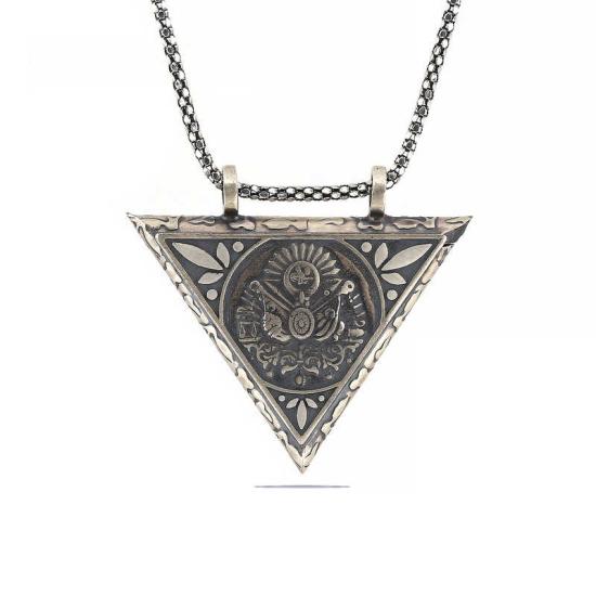 Silver Triangle Openable Ottoman Coat of Arms Amulet Necklace