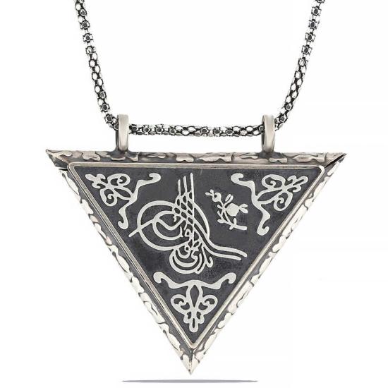 Silver Triangle Openable Tughra Amulet Necklace