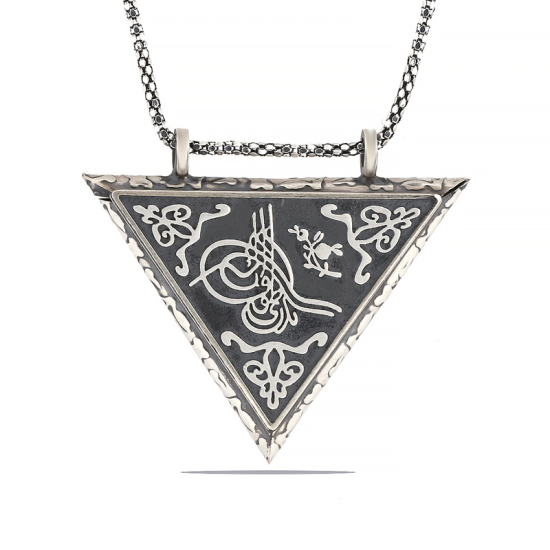 Silver Triangle Openable Tughra Amulet Necklace