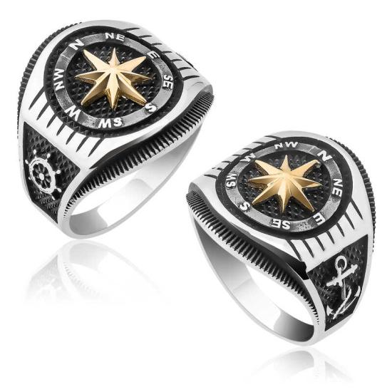 Silver Anchor Detailed Compass Men’s Ring