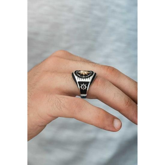 Silver Anchor Detailed Compass Men’s Ring