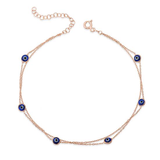 Silver Rose Double Chain Evil Eye Anklet