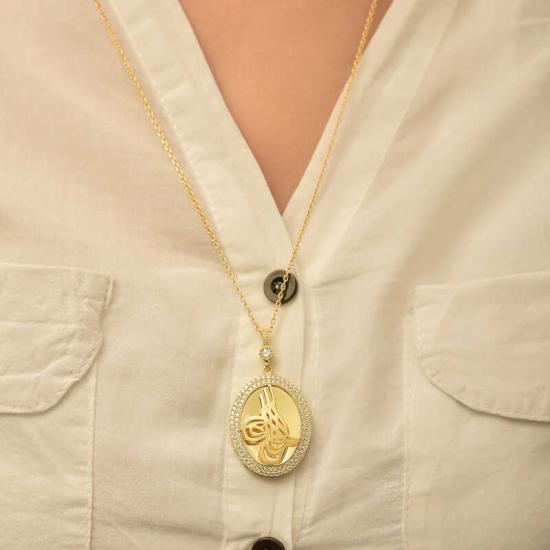 Silver Gold Tughra Oval Women’s Necklace
