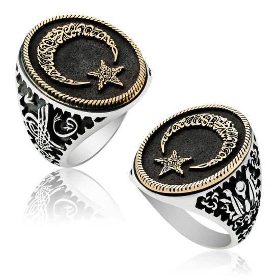 Silver Gokturkish Alphabet Written Crescent Star Men’s Ring
