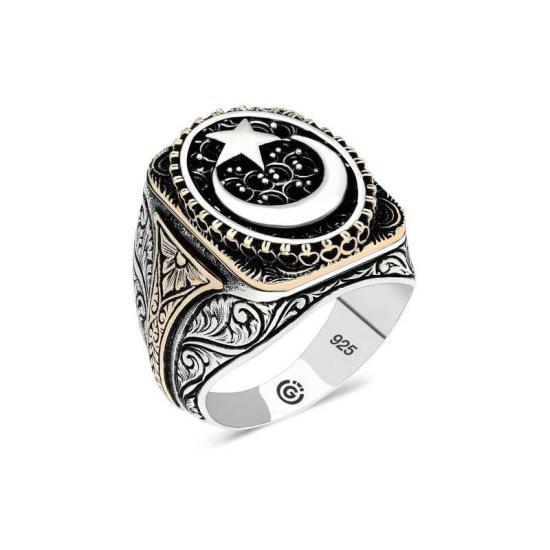 Silver Crescent Star Oval Men’s Ring