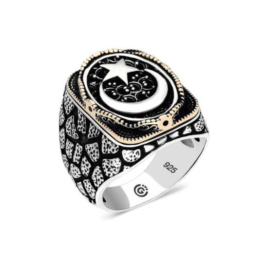Silver Crescent Star Oval Men’s Ring