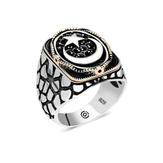 Silver Crescent Star Oval Men’s Ring