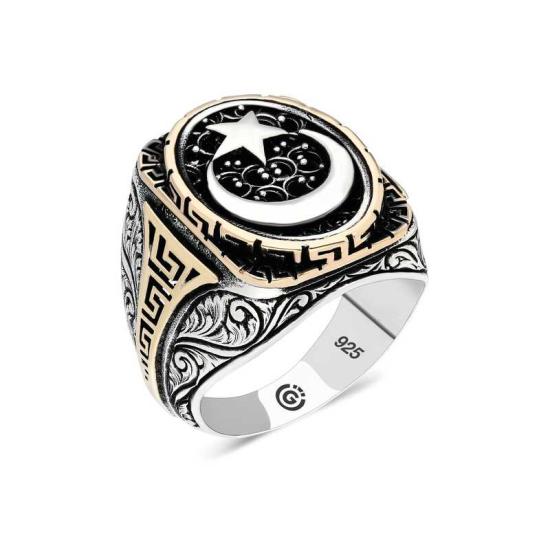 Silver Crescent Star Oval Men’s Ring