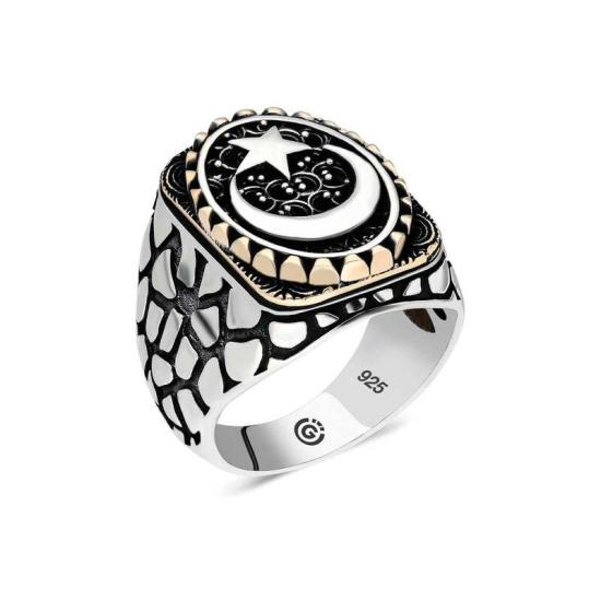 Silver Crescent Star Oval Men’s Ring