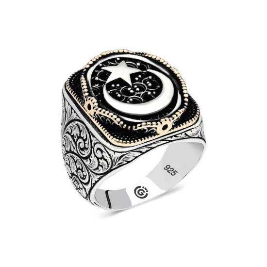Silver Crescent Star Oval Men’s Ring