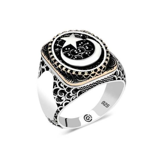 Silver Crescent Star Oval Men’s Ring
