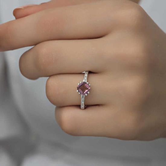 Silver Pink Baguette Single Stone Women’s Ring