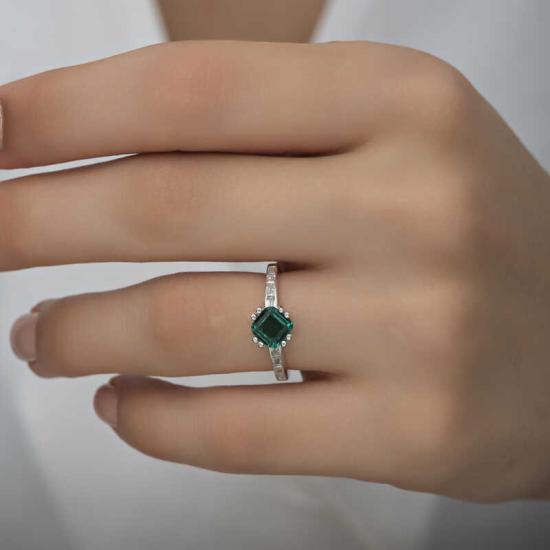 Silver Green Baguette Single Stone Women’s Ring